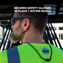 Secures safety glasses in place and within reach