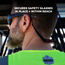 Secures safety glasses in place and within reach