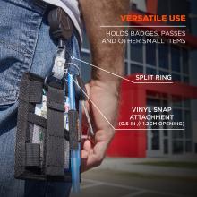 Versatile use: holds badges, passes and other small items. Features a split ring and vinyl snap attachment which as a half inch or 1.2cm opening