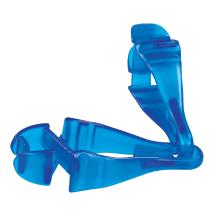 Logo detail view on blue recycled glove clip holder