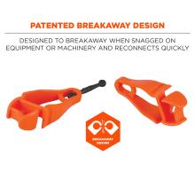 Two orange plastic breakaway clips with a short black pin between them on white background, header text PATENTED BREAKAWAY DESIGN above