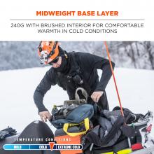 Midnight base layer: 240g wish brushed interior for comfortable warmth in cold conditions. Temperature conditions: between cold and extreme cold