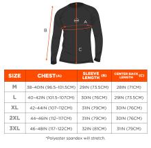 Size chart for 6435. Medium (M): Chest 38-40IN (96.5-101.5CM), Sleeve Length 29IN (73.5CM), Center Back Length 28IN (71CM). Large (L): Chest 40-42IN (101.5-107CM), Sleeve Length 30IN (76CM), Center Back Length 29IN (73.5CM). Extra Large (XL): Chest 42-44IN (107-112CM), Sleeve Length 31IN (79CM), Center Back Length 30IN (76CM). 2X Large (2XL): Chest 44-46IN (112-117CM), Sleeve Length 31IN (79CM), Center Back Length 30IN (76CM). 3X Large (3XL): Chest 46-48IN (117-122CM), Sleeve Length 32IN (81CM), Center Back