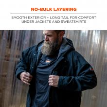 No Bulk Layering. Smooth exterior and long tail for comfort under jackets and sweatshirts. Image demonstrates effortless layering