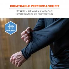 Breathable performance fit, stretch fit warms without overheating or restricting. Shirt being stretched without restriction.
