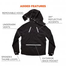 Added features. Removable hood, 3m reflective accents, underarm vents, spandex thumb loops, exterior back pocket