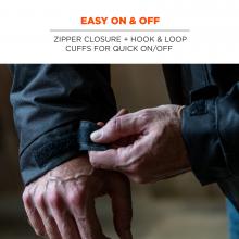 Easy on and off. Zipper closure and hook and loop cuffs for quick on/off.