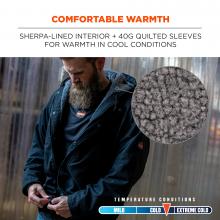 Comfortable warmth. Sherpa-lined interior and 40gram quilted sleeves fro warmth in cool conditions.