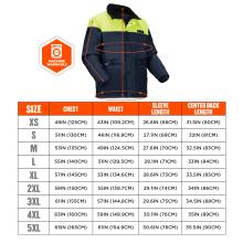 Size chart. Extra Small (XS): Chest 49 inches (125 cm), Waist 43 inches (109.2 cm), Sleeve Length 26.6 inches (68 cm), Center Back Length 31.5 inches (80 cm). Small (S): Chest 51 inches (130 cm), Waist 46 inches (116.8 cm), Sleeve Length 27.1 inches (69 cm), Center Back Length 32 inches (81 cm). Medium (M): Chest 53 inches (135 cm), Waist 49 inches (124.5 cm), Sleeve Length 27.6 inches (70 cm), Center Back Length 32.5 inches (83 cm). Large (L): Chest 55 inches (140 cm), Waist 51 inches (129.5 cm), Sleeve Le