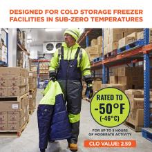 Designed for cold storage freezer facilities in sub-zero temperatures. Rated to -50 degrees fahrenheit or -46 degrees Celsius for up to 5 hours of moderate acitivity. CLO value of 2.59