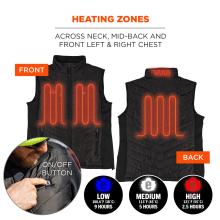Heating zones across neck, mid-back, front left and front right chest. On/off button is the button on chest labeled with Ergodyne "e" on it. Low setting heats at 100.4 degrees farenheit or 38 degrees celsius for 9 hours. Medium setting heats at 113 degrees farenheit or 45 degrees celsius for 5 hours. High setting heats at 131 degrees farenheit or 55 degrees celsius for 2.5 hours