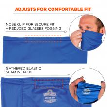 Afjusts for comfortable fit. Nose clip for secure fit and reduced glasses fogging. Gathered elastic seam in back