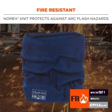 Fire resistant: Nomex knit protects against arc flash hazards. Icon on bottom right says FR: NFPA 70E CAT 1 / NFPA 2112 / ATPV 6.6 cm/cm2.