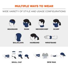 Multiple ways to wear: Wide variety of style and usage configurations. Icons show multi-band being worn as headband, mask, neckerchief, scarf, balaclava, hairband, wristband, skull cap, and dew rag