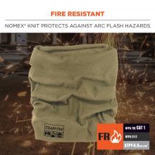 Fire resistant: Nomex knit protects against arc flash hazards. Icon on bottom right says FR: NFPA 70E CAT 1 / NFPA 2112 / ATPV 6.6 cm/cm2