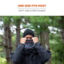 One size fits most: soft and stretchable. Man is stretching over his face and arrow indicates stretch