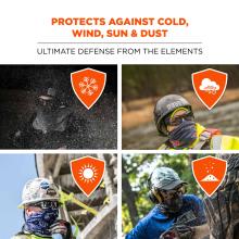 Protects against cold, wind, sun and dust: ultimate defense from the elements. Shield icons show a snowflake, gust of wind, sun and dust. 