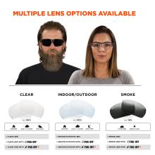 Multiple lens options available: Clear, Indoor/Outdoor, smoke. Clear: VLT 95%, worn indoors, hazy or cloudy outside, or in low light conditions. Indoor/Outdoor: VLT 50%, worn indoors, outdoors, hazy or cloudy, or nighttime. Smoke: VLT 16%, worn outdoors and in bright light. All lenses can come with fog off or fog off plus treatment