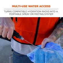 Multi-use water access. Turns compatible hydration packs into a portable spray or misting system.