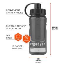 Tall translucent dark plastic water bottle with wide screw cap and attached loop handle, visible measurement marks, label window and orange icons.