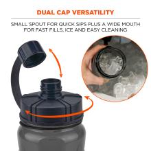 Black water bottle with removable dual cap and small spout; orange arrows show rotation; inset circle shows hand holding bottle mouth filled with ice cubes.