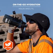 Man in black sun hat and sunglasses, wearing orange high-visibility shirt and gloves, drinking from a dark translucent plastic water bottle.