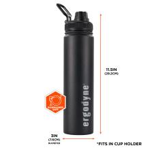 Matte black water bottle with ribbed screw cap and flip loop, orange measurement arrow and dishwasher safe hexagon icon