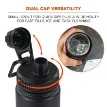 Close-up of black water bottle showing dual cap: a small spout with flip lid and a wide mouth opening; inset shows hand holding bottle with ice.