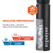Right-side black insulated bottle with cutaway showing ice, "Insulated Performance" text, orange sweat-free badge and 12hr/24hr icons