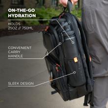 Person holding a black backpack by top handle; black water bottle in side mesh pocket, orange zipper pulls and white text/diagram overlay