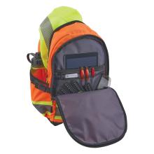 Open orange and neon-yellow backpack with front compartment open revealing a tablet, red pens, black gloves and a water bottle