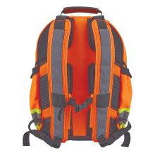 Rear view of bright orange backpack with padded mesh back, dual shoulder straps with reflective strips and sternum buckle
