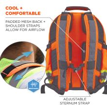Rear view of orange backpack with padded mesh shoulder straps, grey reflective strips, adjustable sternum buckle and breathable inset