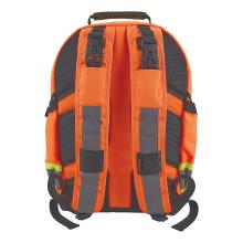 Rear view of an orange backpack showing padded shoulder straps with black buckles, gray reflective strips, mesh back padding and top carry handle