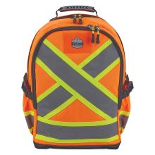Close-up of bright orange backpack front with gray reflective panels and fluorescent lime cross straps, black handle and zipper pulls