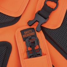 Close-up of orange textured fabric and black mesh with black plastic buckle and strap, and a tag reading 'SAFETY BREAKAWAY'.