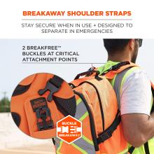 Back view of person wearing orange safety vest with black breakaway shoulder buckles; inset close-up of buckle and visible headline.