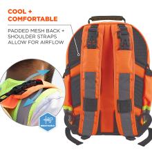 Close-up of orange safety vest/backpack showing padded gray mesh back, orange shoulder straps with black plastic buckles and gray reflective strips.