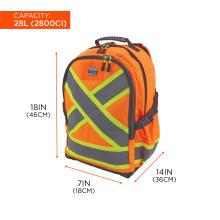 Orange high-visibility backpack with gray reflective X panels, lime-yellow trim, black zippers and handle; orange label reads 'CAPACITY: 28L'.