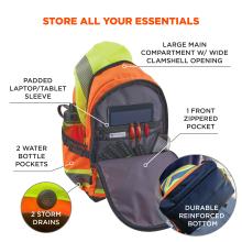 Open high-visibility yellow and orange backpack with clamshell opening, tablet in sleeve, pens in organizer and water bottle in side pocket.