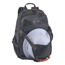 Black backpack with padded shoulder straps and front pocket holding a white hard hat secured by a strap