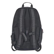 Back of black backpack with padded mesh back panel, two shoulder straps, top carry handle and chest strap buckle.
