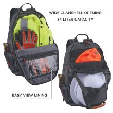 Two open black backpacks showing neon yellow and orange high-visibility clothing, black gloves with orange grips, and a white hard hat.