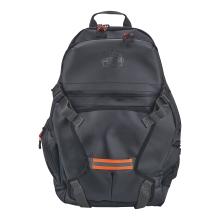 Back view of a black backpack with padded shoulder straps, top handle, red zipper pulls, orange horizontal strap and mesh side pocket.
