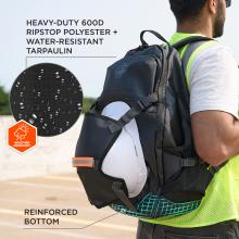 Person in neon safety vest carrying black backpack with a white hard hat attached; inset circle shows water droplets and weather-resistant badge.