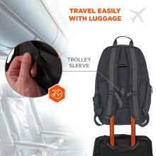 Back view of a black backpack with padded straps slipped over orange telescoping luggage handle; inset shows hand guiding strap into sleeve