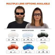 Multiple lens options available: clear: 95% VLT worn indoors, outdoors, and in low light conditions. Indoor/Outdoor: 50% VLT can be worn indoors, outdoors, nighttime conditions. Smoke: 16%VLT worn outdoors and in bright light conditions. Copper: 13% vLT worn outdoors or in bright light conditions. Blue Mirror: 17% VLT worn outdoors or in bright light conditions. Yellow: 91% VLT worn indoors, hazy/cloudy or in low light conditions