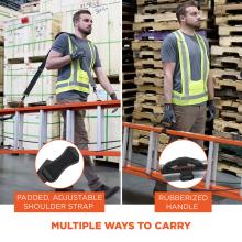 Padded, adjustable shoulder strap and rubberized handle provide multiple ways to carry.