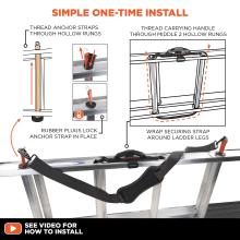 Simple one-time install. Thread anchor straps through hollow rungs; rubber plugs lock anchor strap in place. Thread carrying handle through middle two hollow rungs and wrap securing strap around ladder legs.