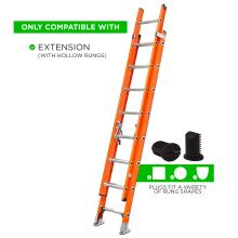 Only compatible with extension ladders that have hollow rungs. Plugs fit a variety of rung shapes, including square, round, and D-shaped.